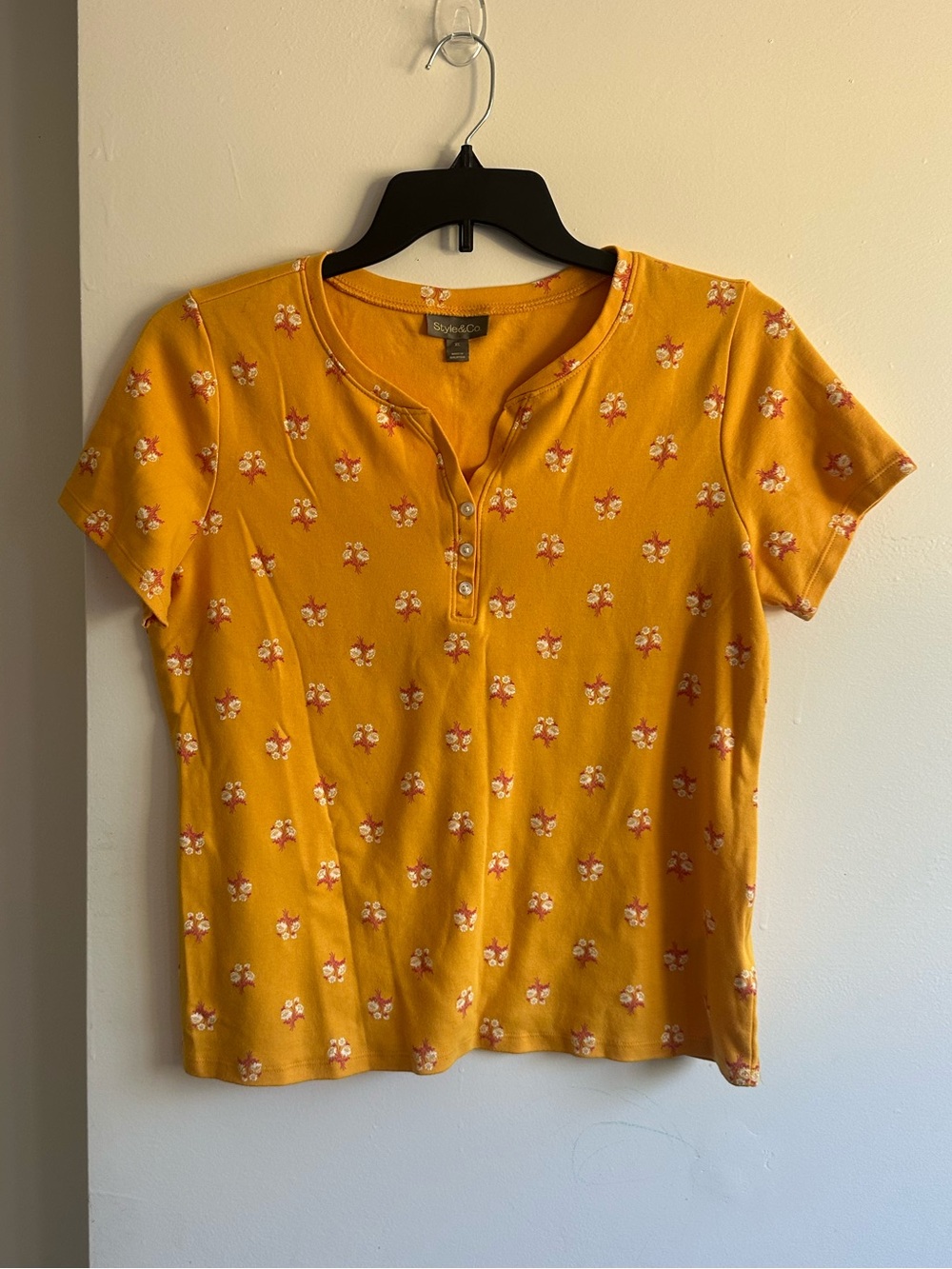 Style & Co. Mustard Yellow Short-Sleeve Henley with Floral Print